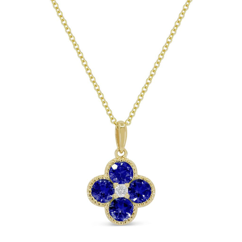 Madison L 14k Yellow Gold Clover Design Lab-Created Blue Sapphire and Diamond Pendant Necklace