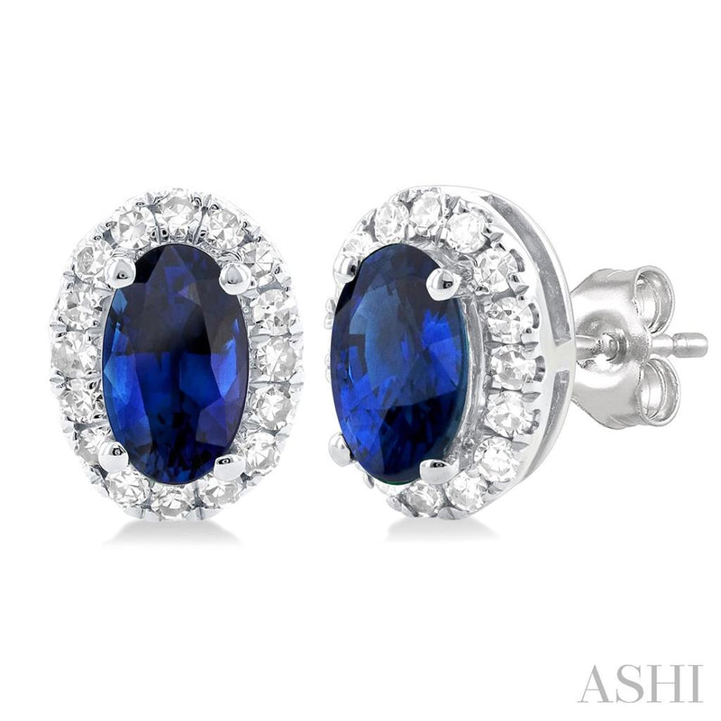 Davis Classics 14k White Gold Oval Sapphire and Diamond Halo Stud Earrings