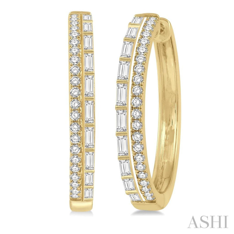 Davis Classics 14k Yellow Gold Double Row Baguette and Round Diamond Hoop Earrings