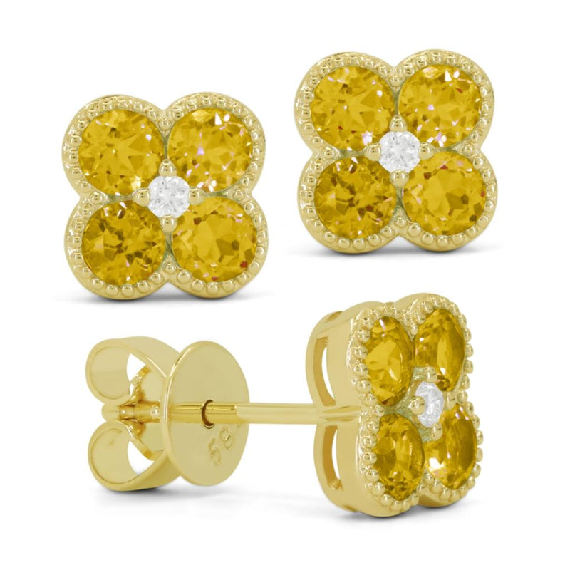 Madison L 14k Yellow Gold Clover Design Citrine Stud Earrings with Milgrain Detail