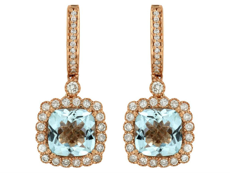 Davis Classics Aquamarines and Diamonds Dangle Earrings in 14k Rose Gold