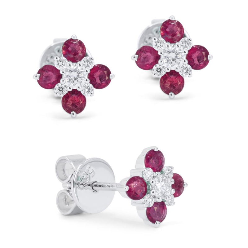 Madison L 14k White Gold Floral Design Ruby and Diamond Stud Earrings