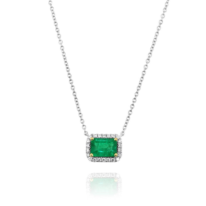 Yael 18k White and Yellow Gold East-West Emerald and Diamond Halo Pendant Necklace