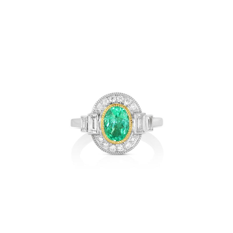 Yael 18k White and Rose Gold Art Deco Colombian Emerald and Diamond Halo Ring