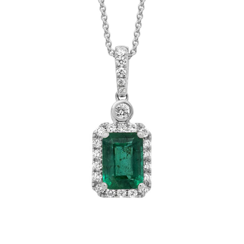 Davis Classics 14k White Gold Zambian Emerald and Diamond Halo Drop Pendant Necklace