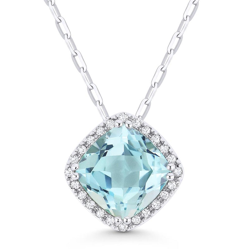 Madison L 14k White Gold Cushion Halo Pendant with Blue Topaz