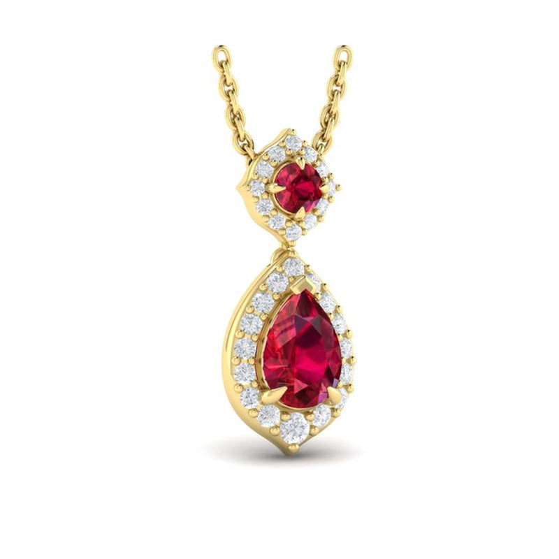 Vlora 14k Yellow Gold Adella Color Collection Halo Design Ruby Drop Pendant Necklace