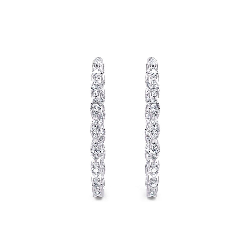 Davis Classics 14k White Gold In/Out Marquise Station Style Diamond Hoop Earrings