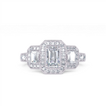 Davis Classics Proposal-Ready 14K White Gold Three-Stone Halo Emerald Cut Diamond Engagement Ring