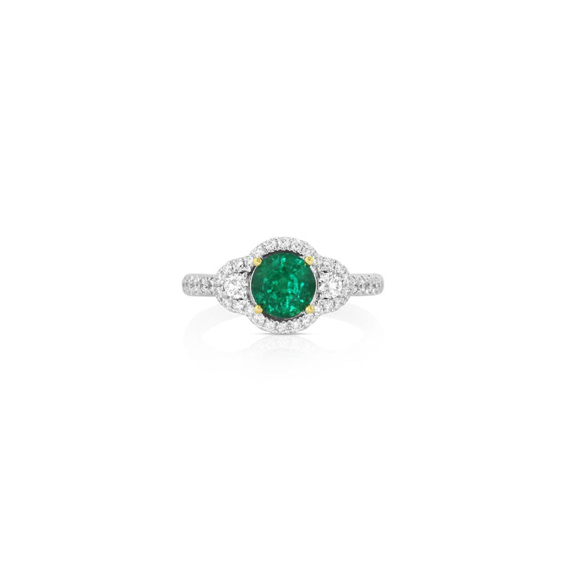 Yael 18k White and Yellow Gold Colombian Emerald and Diamond Three-Stone Halo Ring