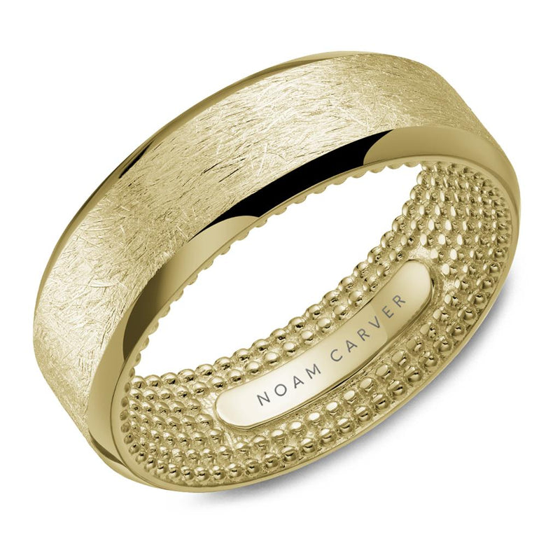 Noam Carver 14k Yellow Gold Comfort Fit Wedding Band with Diamond Brush Top Finish and High Polish Beveled Edges