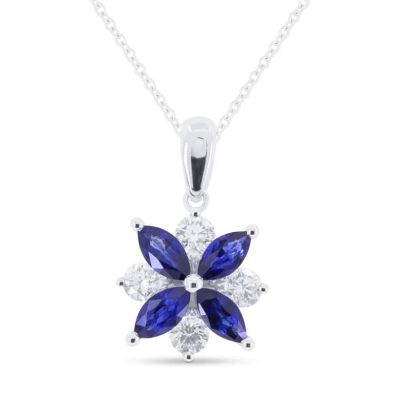 Madison L 14k White Gold Floral Design Blue Sapphire and Diamond Pendant