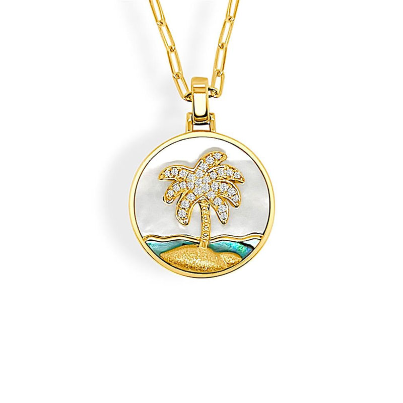 Frederic Sage 14k Yellow Gold Happy Collection Abalone and Mother of Pearl Palm Tree Pendant Necklace