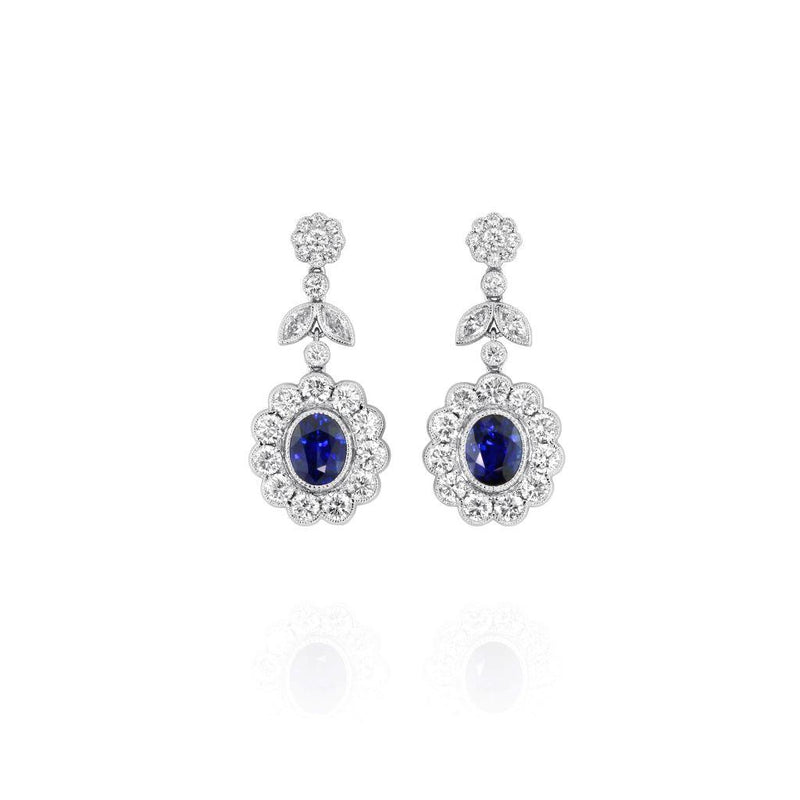 Yael Designs 18k White Gold Blue Sapphire and Diamond Vintage Floral Halo Dangle Earrings