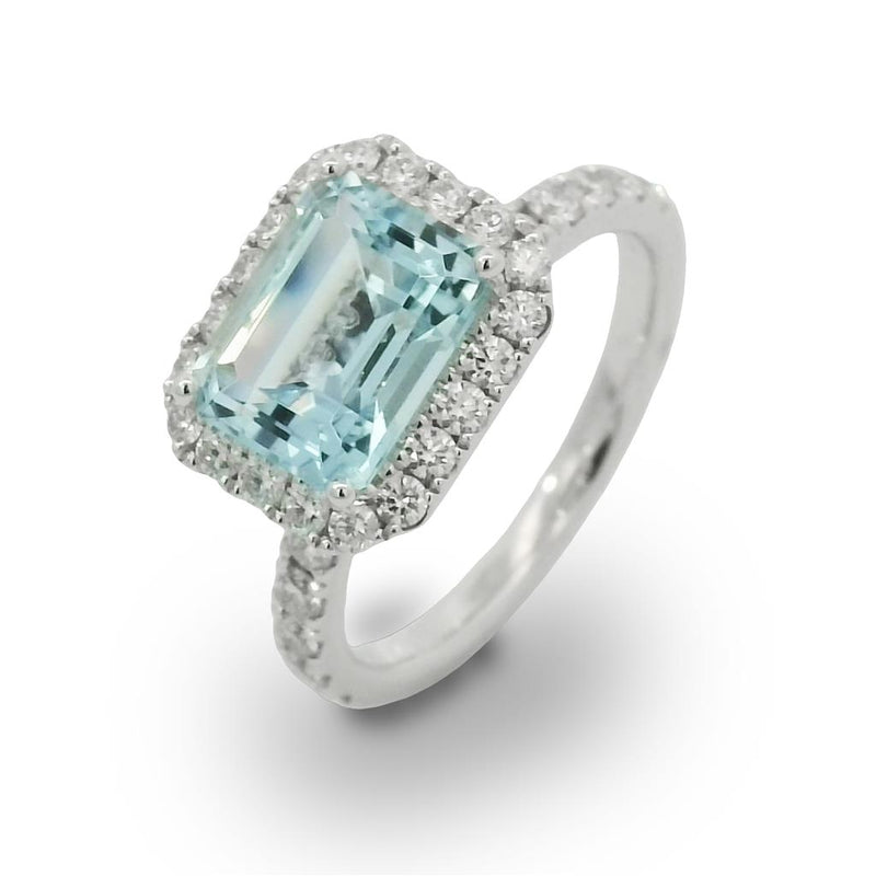 Charles Krypell 18k White Gold Aquamarine and Diamond Halo Ring