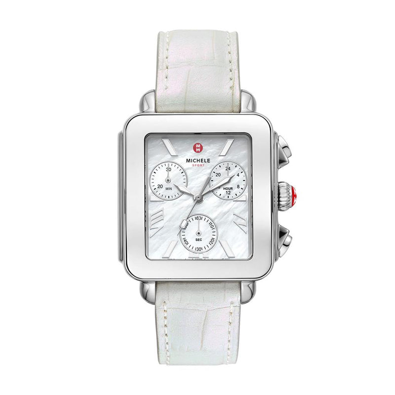 Michele Deco Sport Chronograph Stainless Steel White Leather Watch