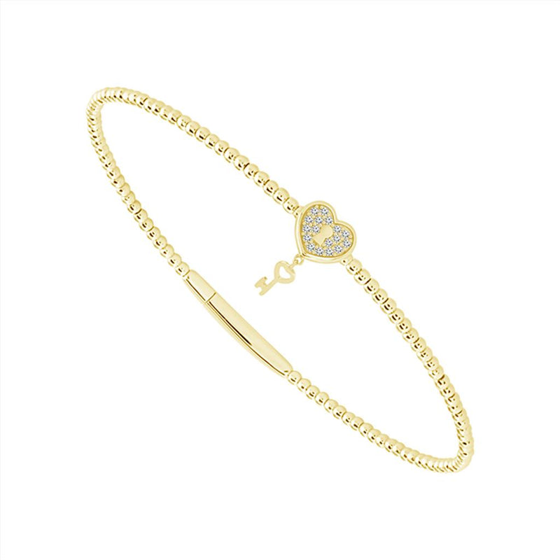 Davis Classics 14k Yellow Gold Flexie Collection Diamond Heart Lock and Key Bangle Bracelet