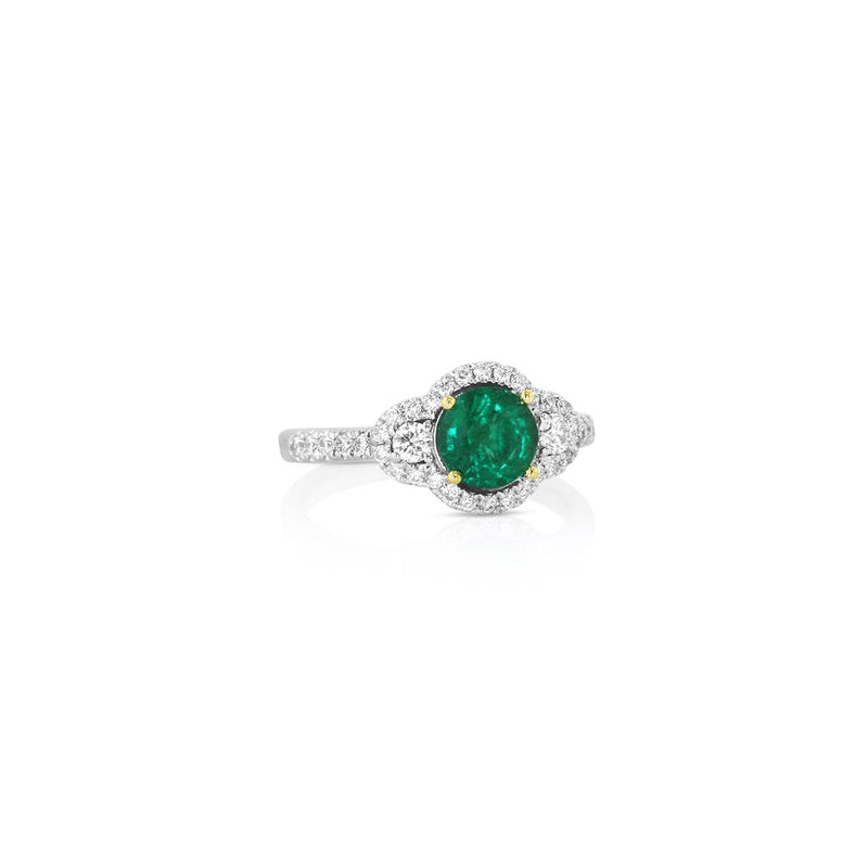 Yael Designs 18k White and Yellow Gold Emerald and Diamond Three-Stone Halo Ring