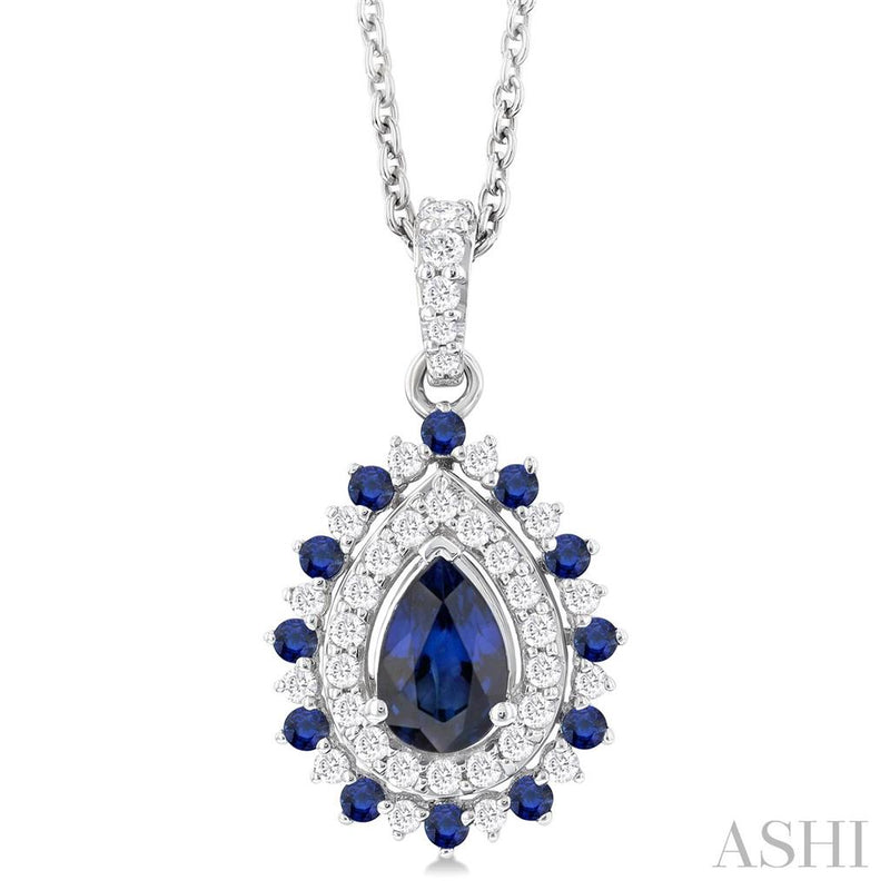 Davis Classics 14k White Gold Vintage-Inspired Double Halo Sapphire and Diamond Pendant Necklace