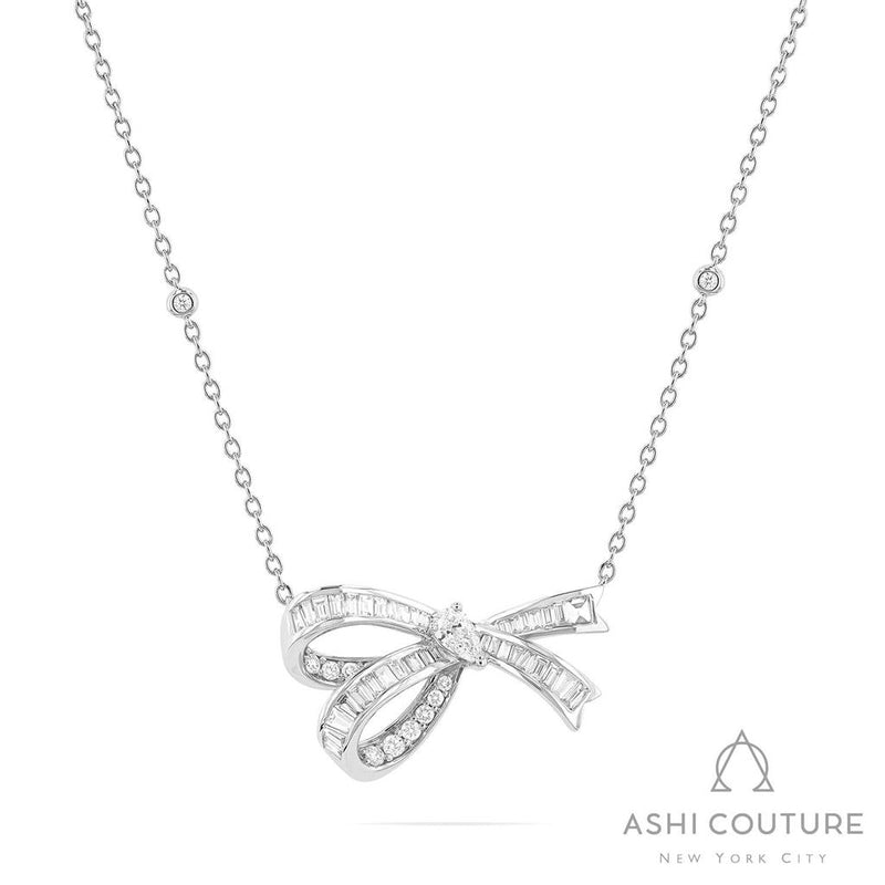 Davis Classics 18k White Gold Couture Midjourney Diamond Bow Pendant Necklace