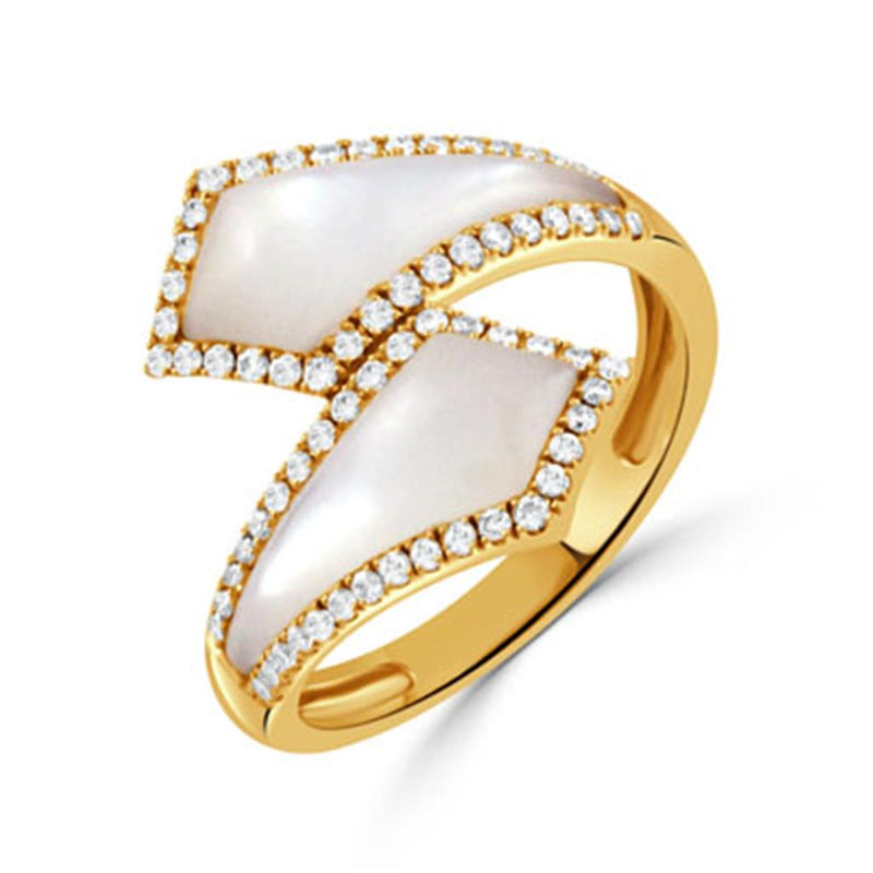 Doves 18k Yellow Gold White Orchid Mother of Pearl and Diamond Bypass Ring