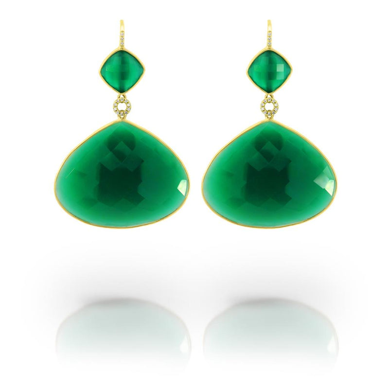 Davis Classics 14k Yellow Gold Vintage-Style Green Agate and Diamond Dangle Earrings