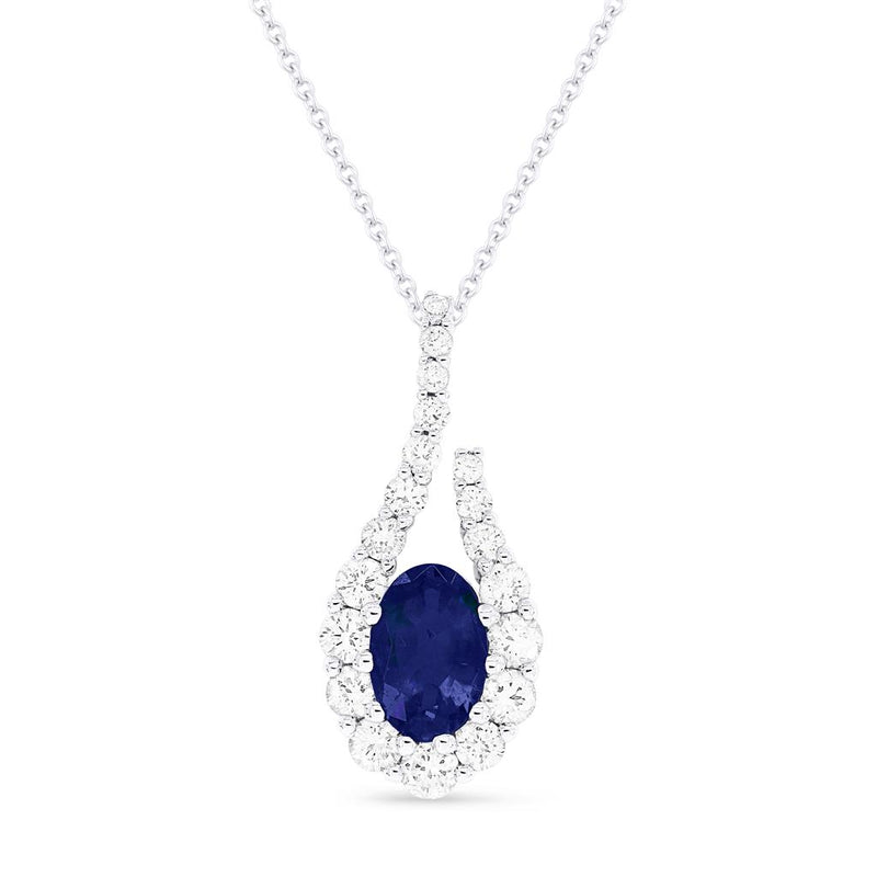 Madison L 14k White Gold Arianna Collection Halo Design Open Teardrop Sapphire and Diamond Pendant