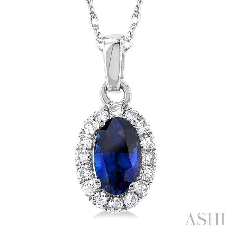 Davis Classics 14k White Gold Oval Sapphire and Diamond Halo Pendant Necklace