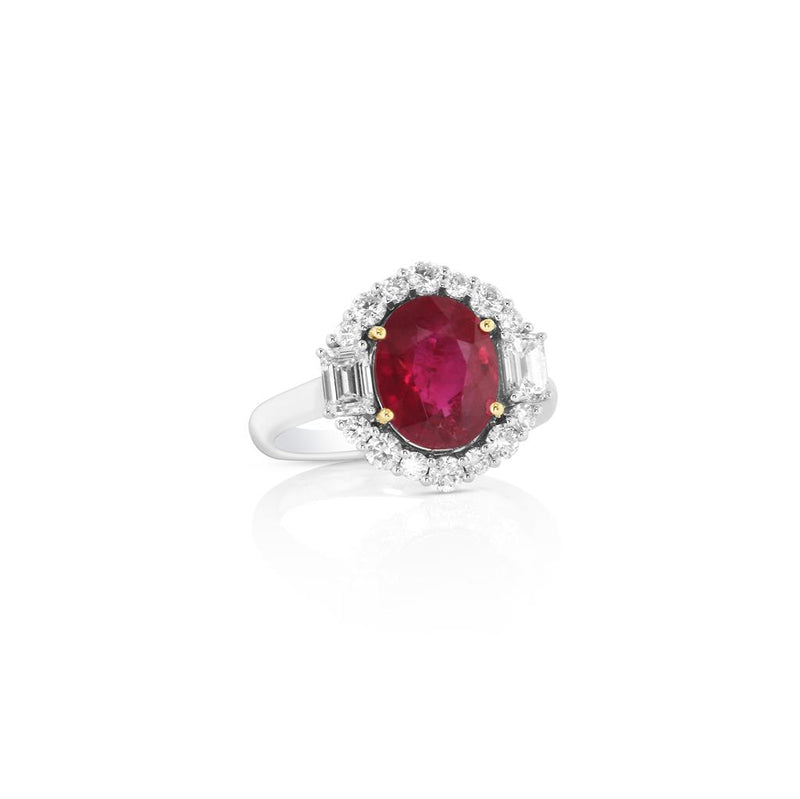 Yael Designs 18k White and Yellow Gold African Ruby and Diamond Three-Stone Halo Ring