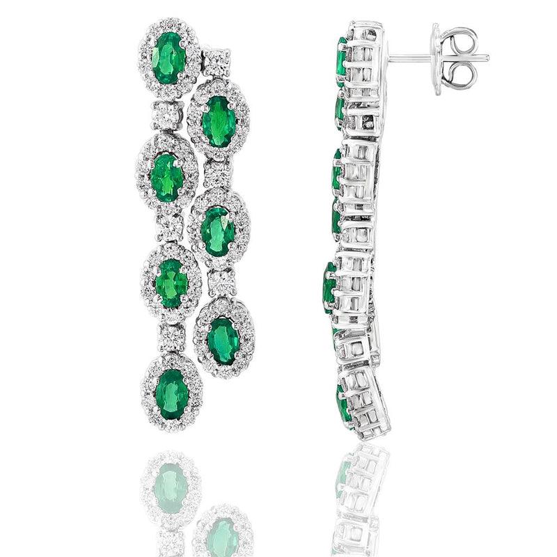 Davis Classics 14k White Gold Double Row Cascading Emerald and Diamond Dangle Earrings