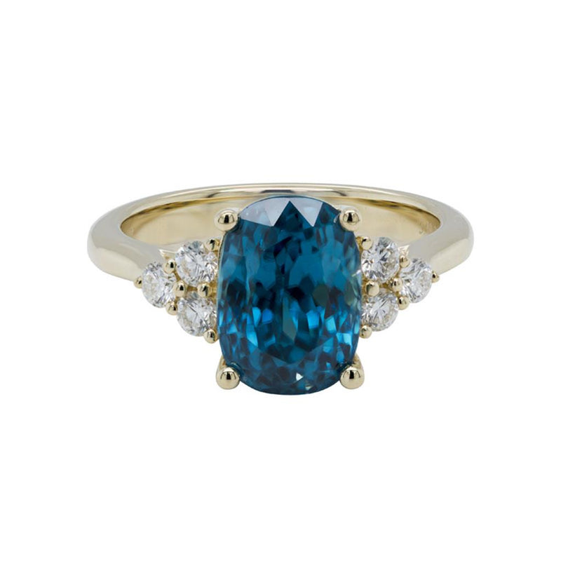 Davis Classics Blue Zircon and Diamonds Three Stone Fashion Ring in 14k Yellow Gold