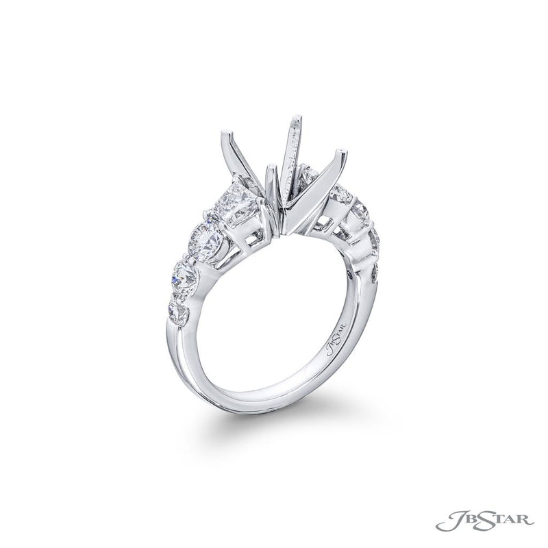 JB Star Platinum Engagement Ring with Trapezoid and Round Brilliant Cut Diamonds