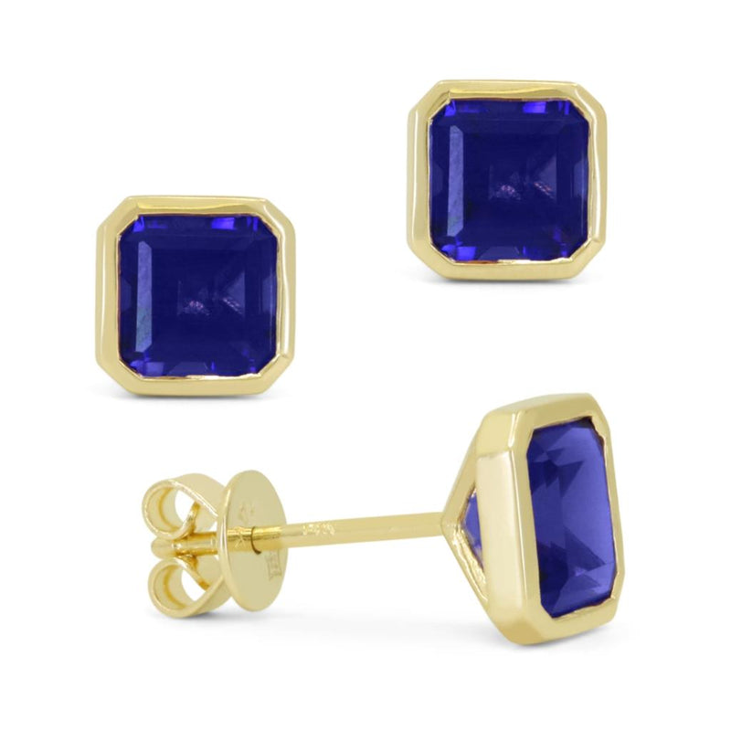 Madison L 14k Yellow Gold Lab-Created Blue Sapphire Square Cushion Cut Stud Earrings