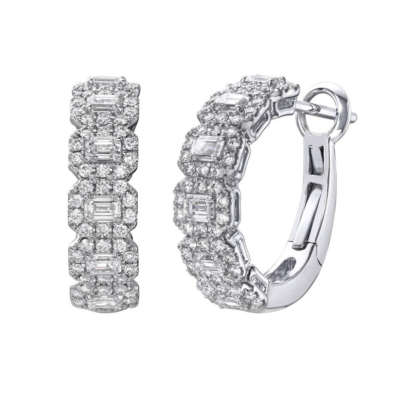 Davis Classics 18k White Gold Halo Emerald-Cut Diamond Huggie Hoop Earrings