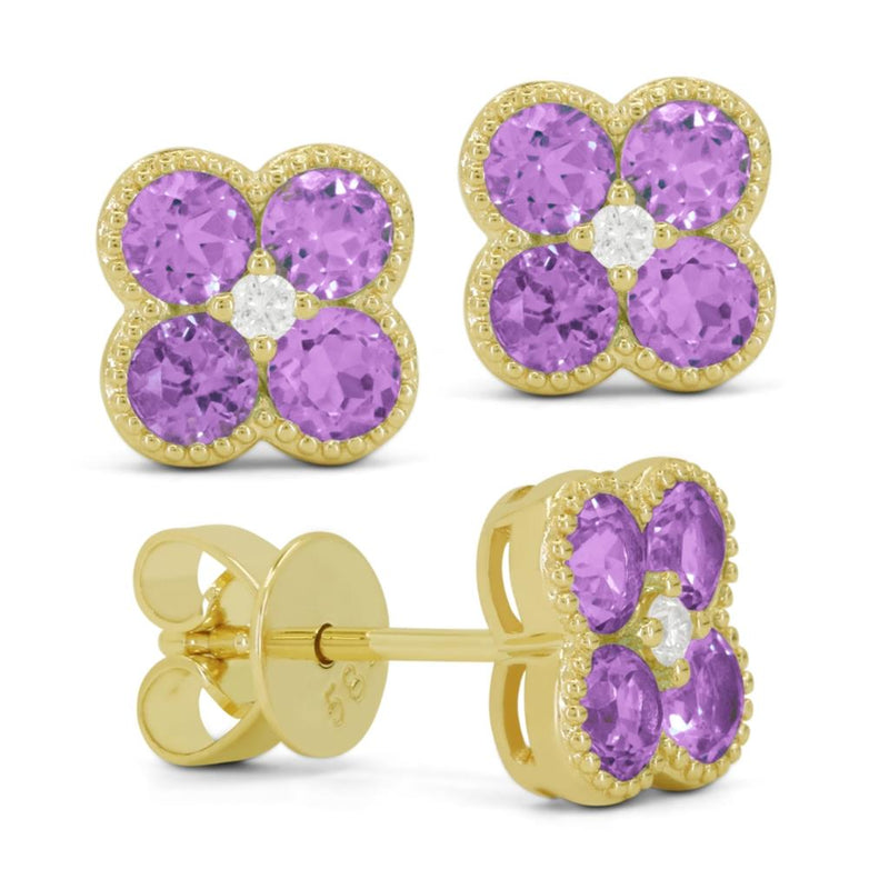 Madison L 14k Yellow Gold Clover Design Amethyst Stud Earrings with Milgrain Detail