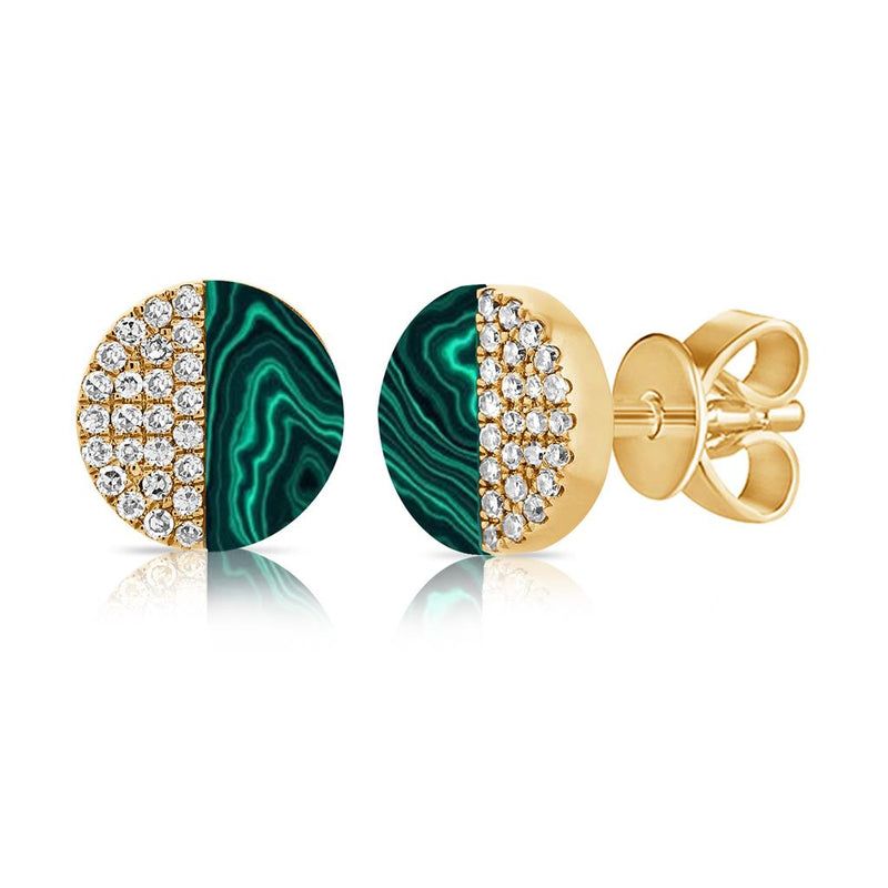 Davis Classics 14k Yellow Gold Malachite and Diamond Disc Stud Earrings