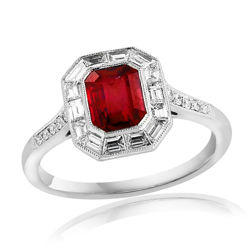 Davis Classics Platinum Vintage Halo Ruby and Diamond Ring