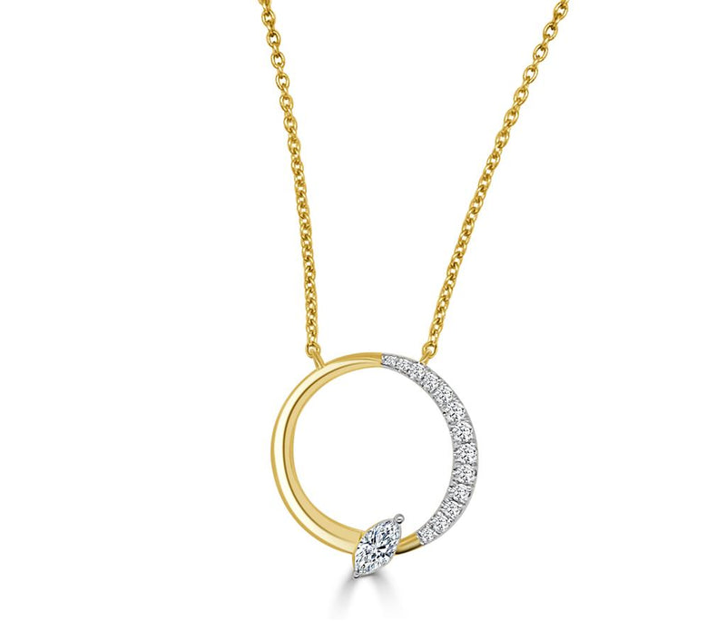 Frederic Sage 14k Yellow and White Gold Marquise and Round Diamond Bolt Collection Open Circle Pendant