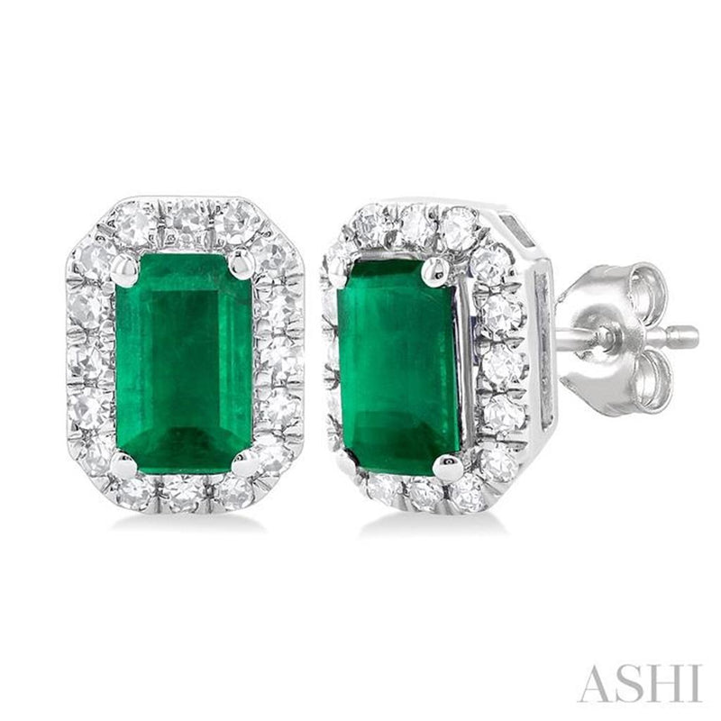 Davis Classics 14k White Gold Emerald and Diamond Halo Stud Earrings