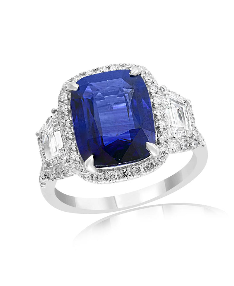 Davis Classics Platinum Ceylon Blue Sapphire and Diamond Halo Three-Stone Ring