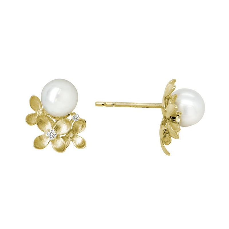 Davis Classics 14k Yellow Gold Floral Pearl and Diamond Stud Earrings