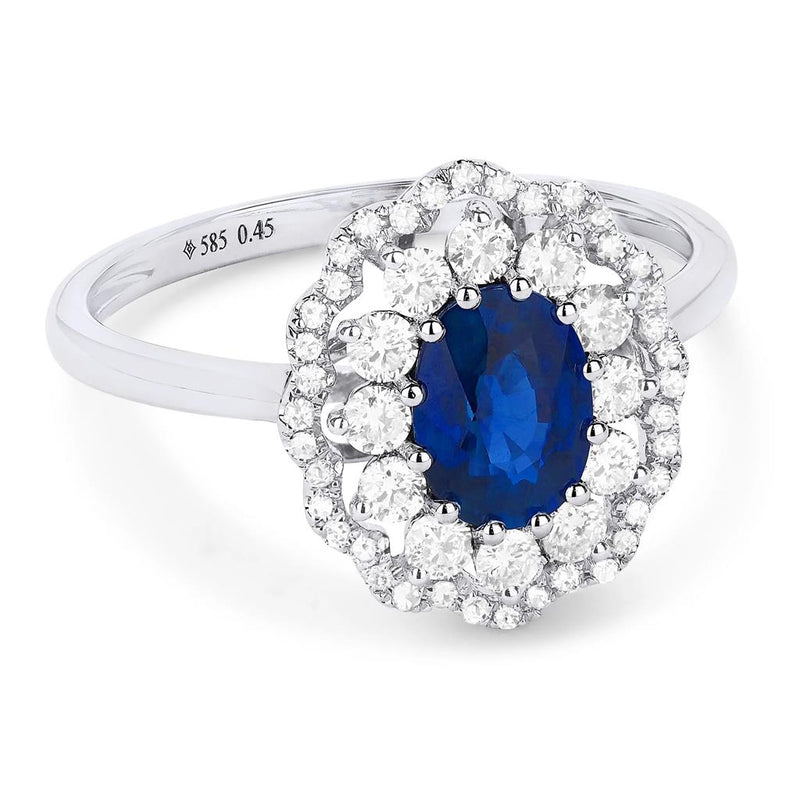 Madison L 14k White Gold Floral Style Halo Design Blue Sapphire Ring