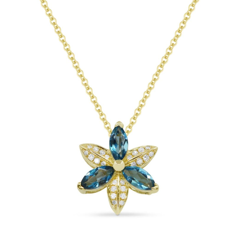 Madison L 14k Yellow Gold Floral Design London Blue Topaz and Diamond Pendant Necklace