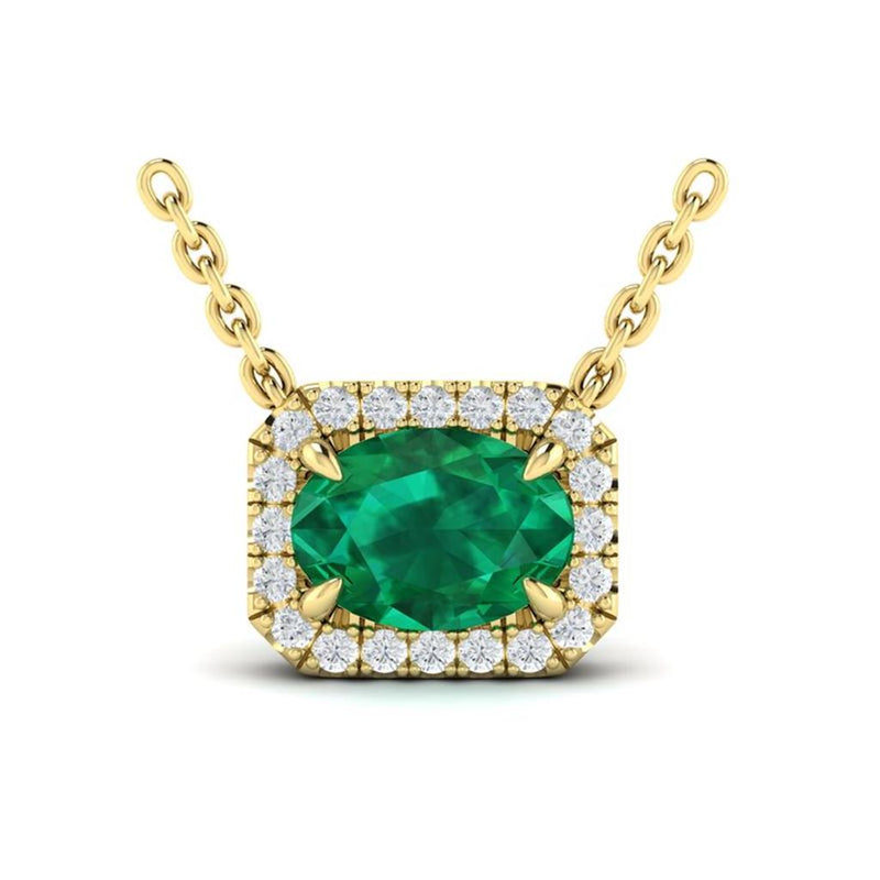 Vlora 14k Yellow Gold Adella Color Collection East/West Halo Design Emerald Pendant Necklace