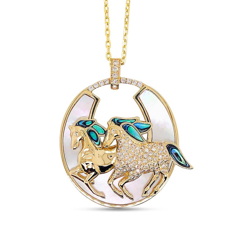 Frederic Sage 14k Yellow Gold Diamond, Mother of Pearl, and Abalone Double Stallion Pendant