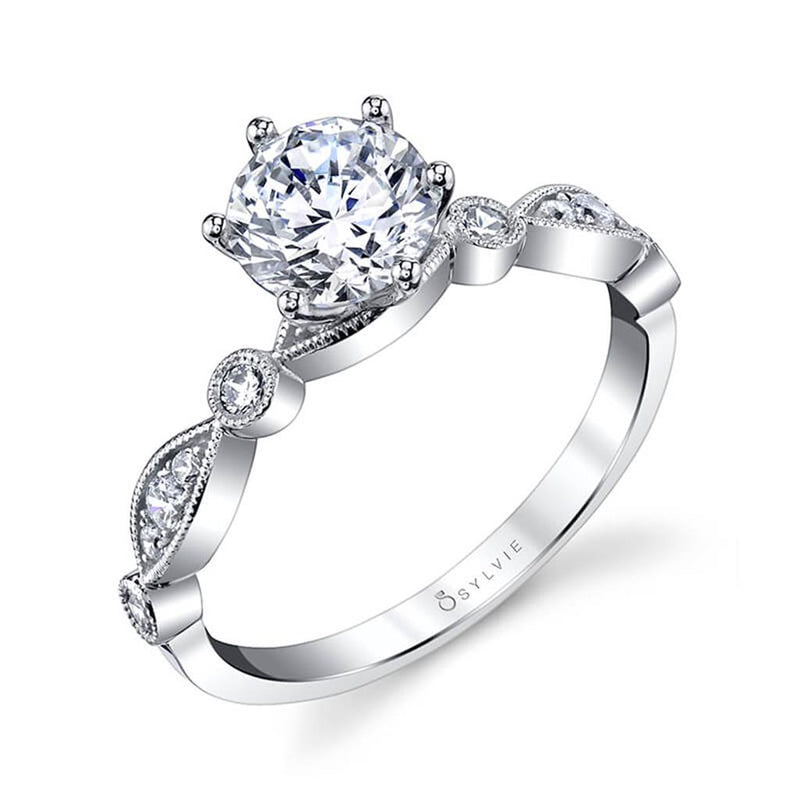 Sylvie 14k White Gold Vintage Design Engagement Ring Setting with Milgrain Detail