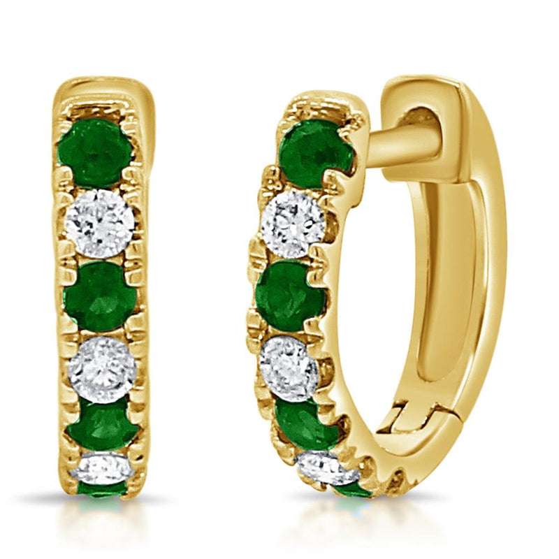 Davis Classics Emeralds and Diamonds Huggie Hoop Earrings in 14k Yellow Gold