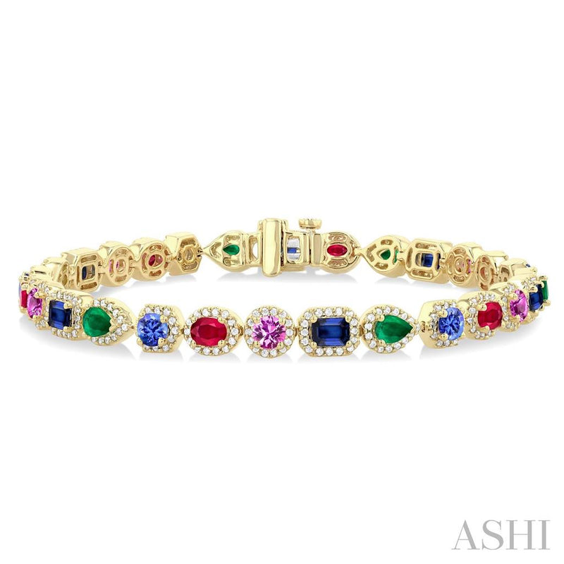 Davis Classics 14k Yellow Gold Halo Design Mixed Gemstone Bracelet