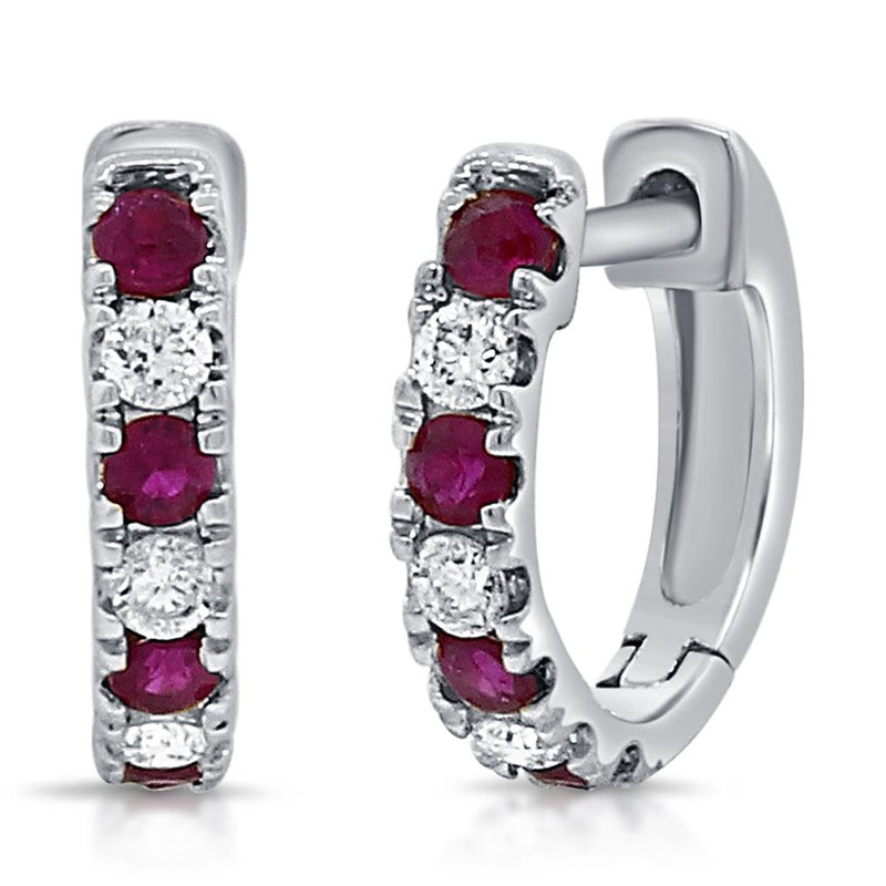 Davis Classics 14k White Gold Ruby and Diamond Huggie Hoop Earrings