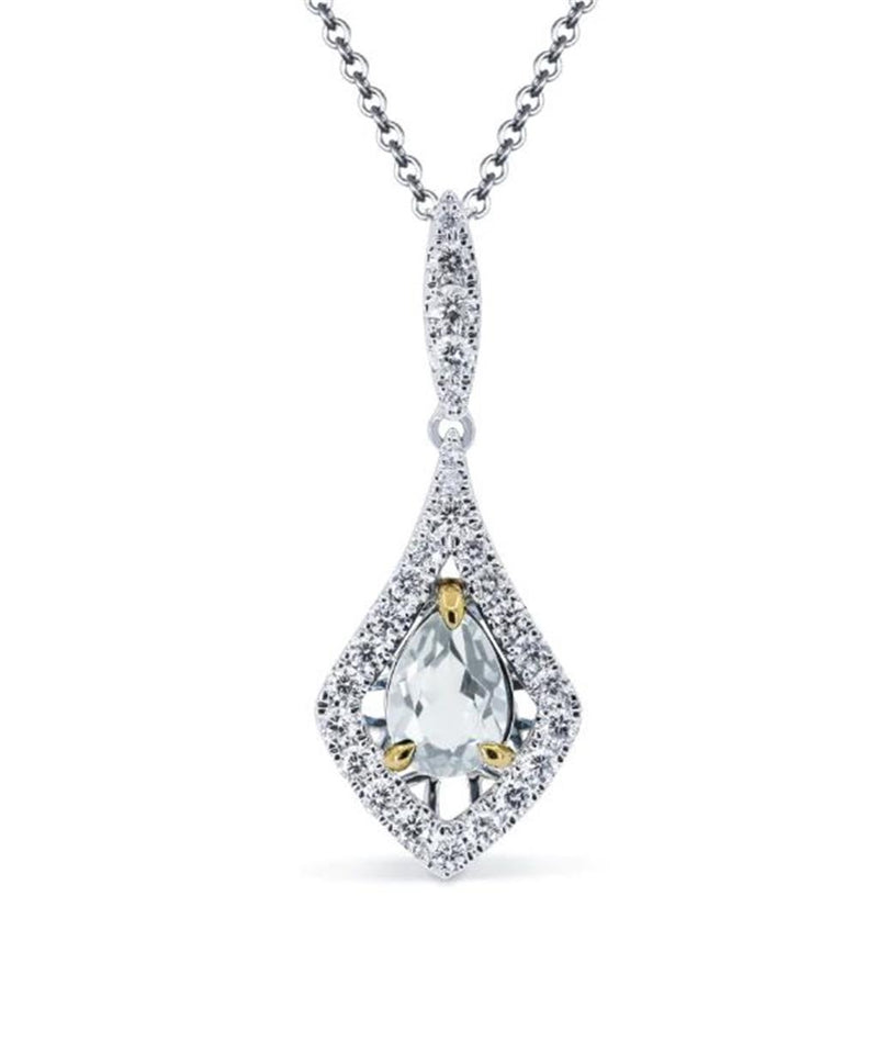 Madison L 14k Yellow and White Gold Diamond Design Halo Style Aquamarine Pendant